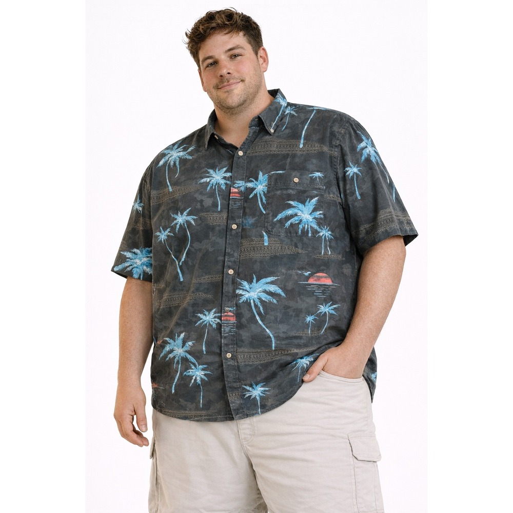 Burnside Button Down Shirt Mens‎ 2XL Charcoal Blue Tropical Palm Tree Hawaiian